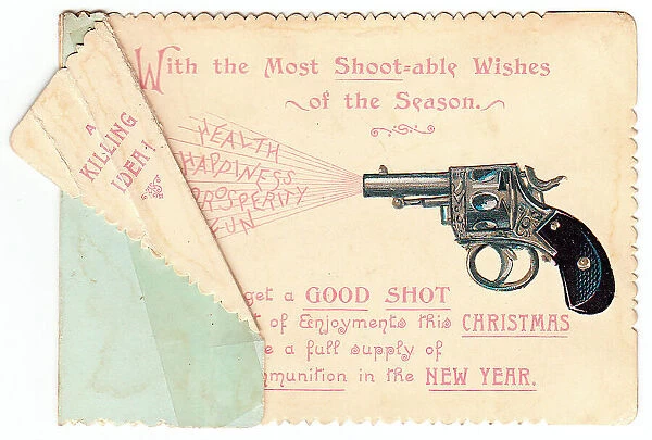 Gun with comic verse on a Christmas and New Year card