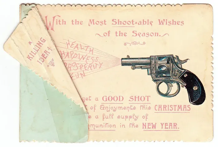 Framed Print : Gun with comic verse on a Christmas and New Year card Framed Print : Gun with comic verse on a Christmas and New Year card