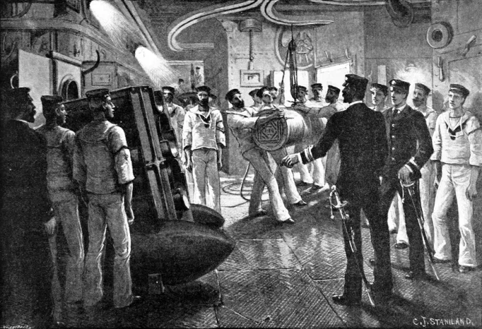 Framed Print : Gun Drill on board a British battleship, c. 1896 Framed Print : Gun Drill on board a British battleship, c. 1896