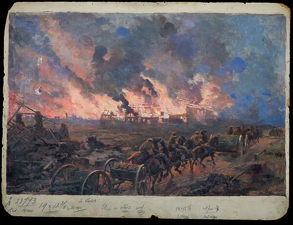 Gunners passing burning buildings, by Ugo Matania, WW1