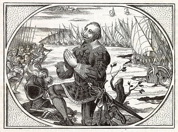 Gustavus Adolphus lands at Peenemunde and falls on his knees to thank God for bringing