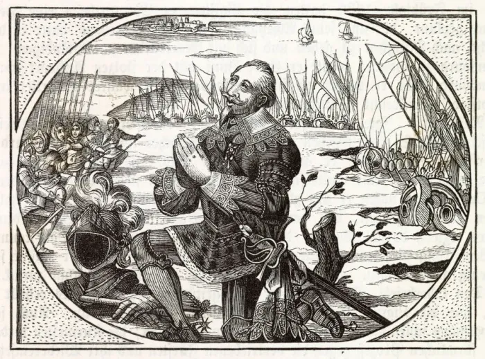 Framed Print : Gustavus Adolphus lands at Peenemunde and falls on his knees to thank God for bringing Framed Print : Gustavus Adolphus lands at Peenemunde and falls on his knees to thank God for bringing