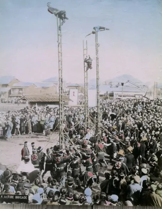 Framed Print : Gymnastic display by the fire brigade, Japan, circa 1890 Framed Print : Gymnastic display by the fire brigade, Japan, circa 1890