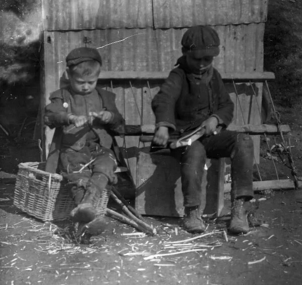 Gypsy boys making pegs, near Pontypool, South Wales
