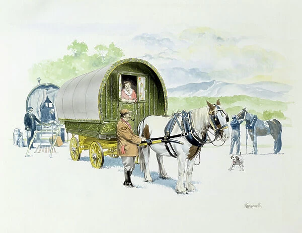 Gypsy Caravans. A group of travellers and their horse-drawn caravans / wagons