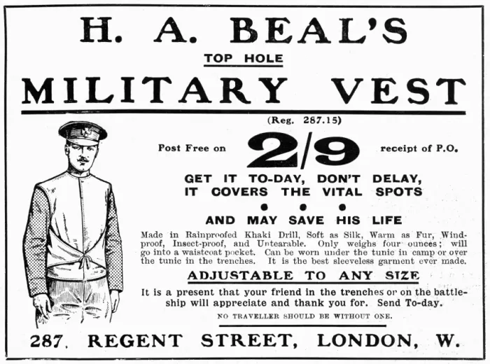 Framed Print : H. A. Beals military vest advertisement, WW1 Framed Print : H. A. Beals military vest advertisement, WW1