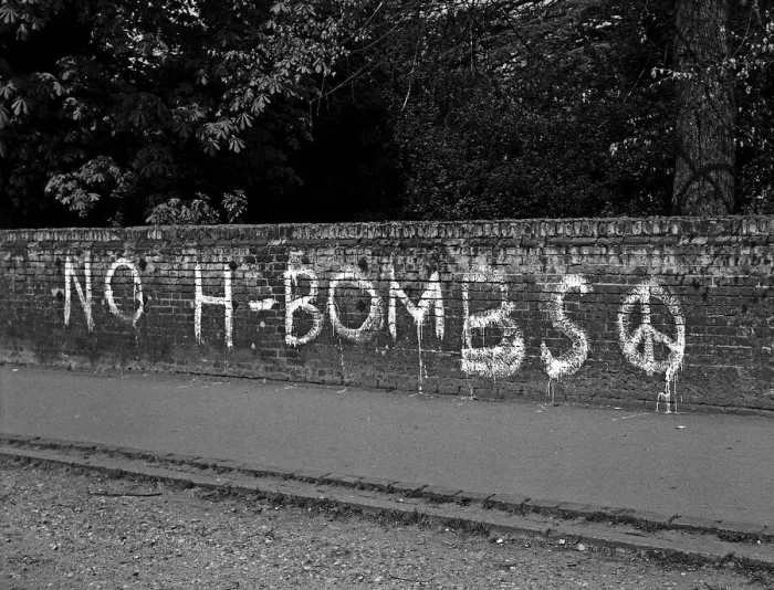Framed Print : NO H -BOMBS slogan on brick wall Framed Print : NO H -BOMBS slogan on brick wall