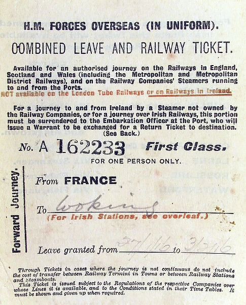 H M Forces Overseas First Class Leave & Railway Ticket