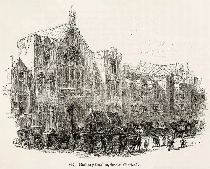Framed Print : Hackney coaches and their drivers wait for fares in Westminster at the time of Charles I Date: 17th century Framed Print : Hackney coaches and their drivers wait for fares in Westminster at the time of Charles I Date: 17th century