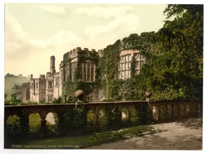 Framed Print : Haddon Hall, from terrace steps, Derbyshire, England Framed Print : Haddon Hall, from terrace steps, Derbyshire, England