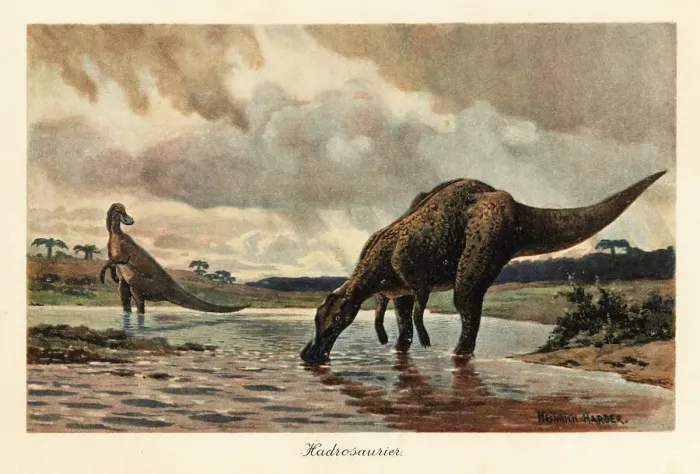 Framed Print : Hadrosaurs or duck-billed dinosaurs feeding in a river Framed Print : Hadrosaurs or duck-billed dinosaurs feeding in a river