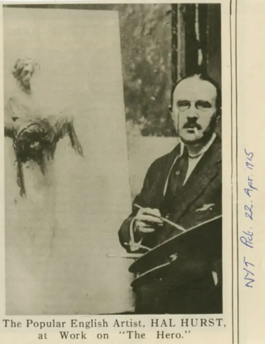 Framed Print : Hal Hurst working on a painting, The Hero, WW1 Framed Print : Hal Hurst working on a painting, The Hero, WW1