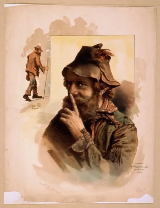 Framed Print : Half length image of bearded tramp in hat, touching finger t Framed Print : Half length image of bearded tramp in hat, touching finger t