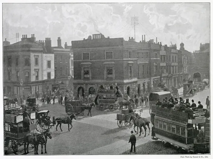 Framed Print : Half a mile away from Westminster, Waterloo and Blackfriars Bridge, situated at the northern end of Walworth Road and the beginning of New Cross Road. The building with a cupola is a station of the South London Electric Railway. Date: 1897 Framed Print : Half a mile away from Westminster, Waterloo and Blackfriars Bridge, situated at the northern end of Walworth Road and the beginning of New Cross Road. The building with a cupola is a station of the South London Electric Railway. Date: 1897