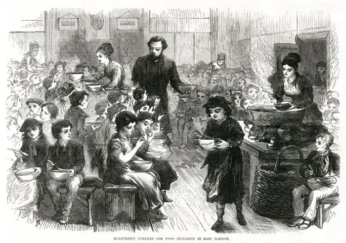 Framed Print : Half penny dinners for poor children, East London 1870 Framed Print : Half penny dinners for poor children, East London 1870