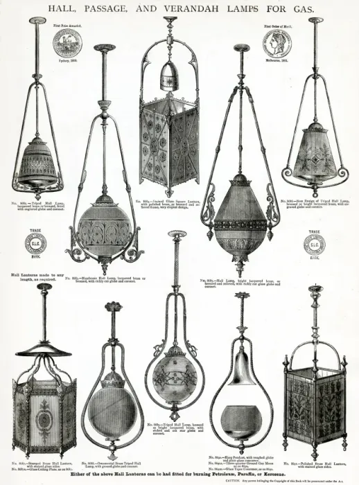 Framed Print : Hall, passage and verandah lamps for gas lighting 1881 Framed Print : Hall, passage and verandah lamps for gas lighting 1881