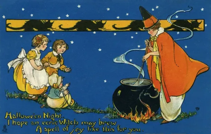 Framed Print : Halloween. Children watching a witch brew a spell of joy. Date: circa 1912 Framed Print : Halloween. Children watching a witch brew a spell of joy. Date: circa 1912