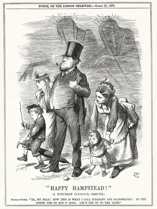 Framed Print : Hampstead, the plague-ground of Londoners where the shades of smallpox and fever threaten the innocent holidaymakers Date: 1875 Framed Print : Hampstead, the plague-ground of Londoners where the shades of smallpox and fever threaten the innocent holidaymakers Date: 1875