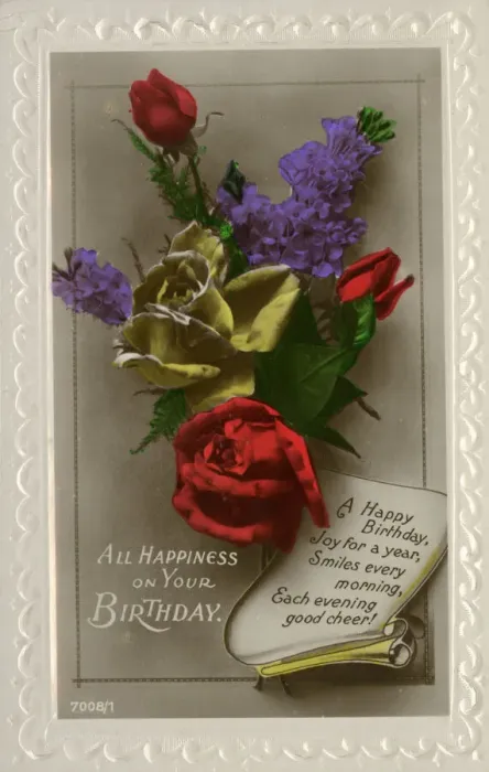 Framed Print : Hand-coloured floral Birthday Greetings postcard Framed Print : Hand-coloured floral Birthday Greetings postcard