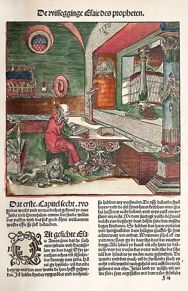 Hand-coloured woodcut depicting St. Jerome in his study wit