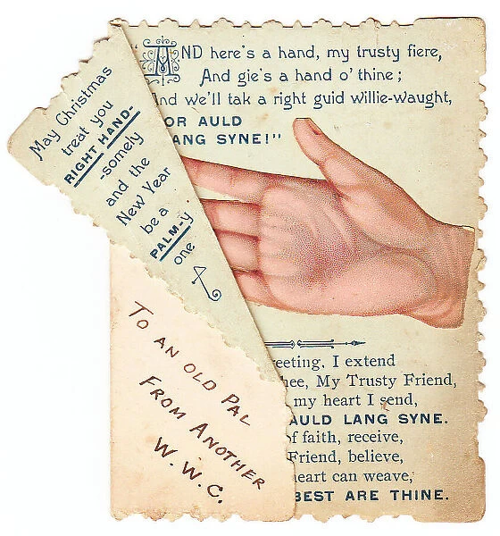 Hand with comic verse on a Christmas and New Year card