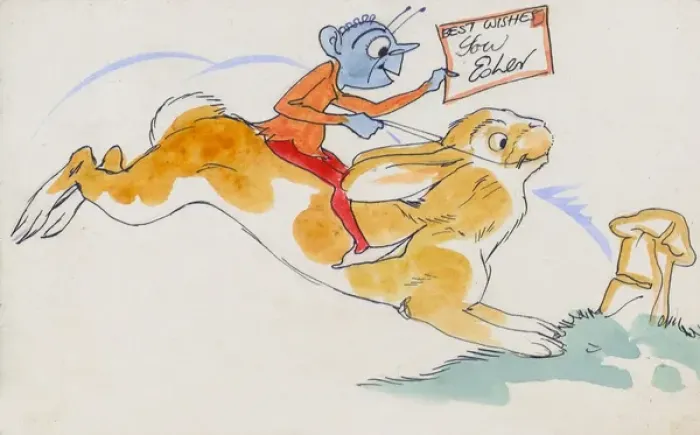 Framed Print : Hand-drawn Greetings Card - Goblin riding a hare Framed Print : Hand-drawn Greetings Card - Goblin riding a hare