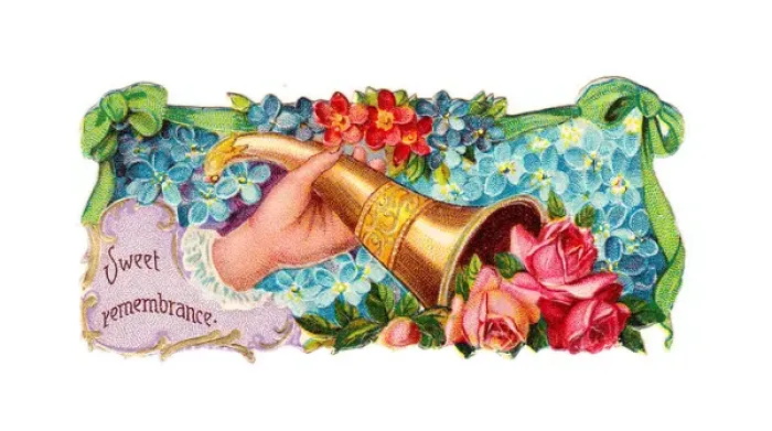 Framed Print : Hand and flowers on a romantic Victorian scrap Framed Print : Hand and flowers on a romantic Victorian scrap
