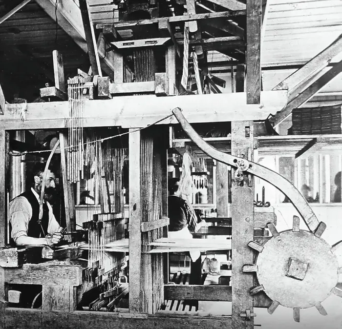 Framed Print : Hand loom linen weaver in Belfast, Ireland, Victorian period Framed Print : Hand loom linen weaver in Belfast, Ireland, Victorian period