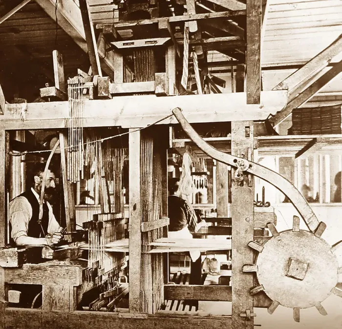 Framed Print : Hand loom linen weaver in Belfast, Ireland, Victorian period Framed Print : Hand loom linen weaver in Belfast, Ireland, Victorian period