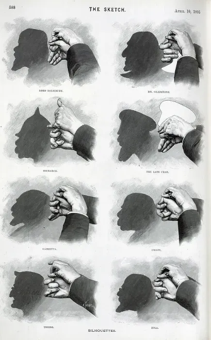 Framed Print : Hand shadows, showing famous figures in silhouette Framed Print : Hand shadows, showing famous figures in silhouette