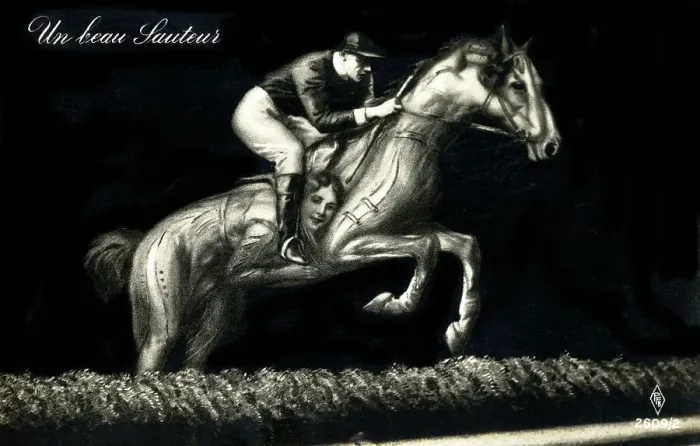 Framed Print : A handsome jumper - Optical Illusion. A Jockey on Horseback leaping a fence - his steed can also be seen as two scantily-clad beauties Date: circa 1910s Framed Print : A handsome jumper - Optical Illusion. A Jockey on Horseback leaping a fence - his steed can also be seen as two scantily-clad beauties Date: circa 1910s
