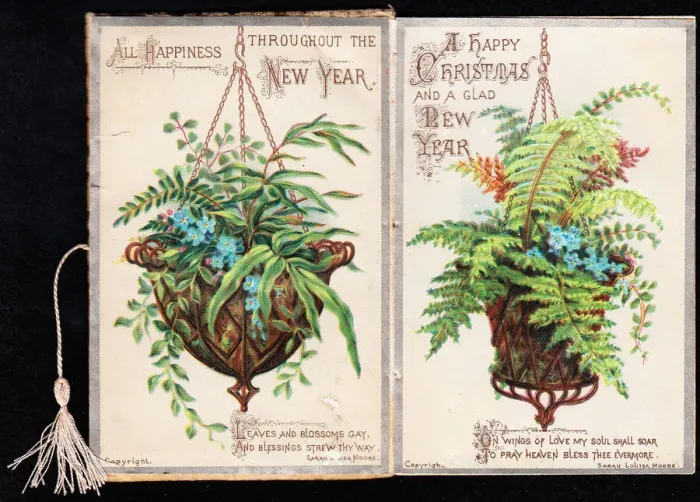 Framed Print : Two hanging baskets on a Christmas and New Year card Framed Print : Two hanging baskets on a Christmas and New Year card