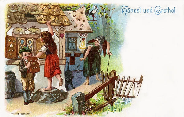 Hansel & Gretel. Scene from Hansel & Gretel, finding the house of the wicked witch
