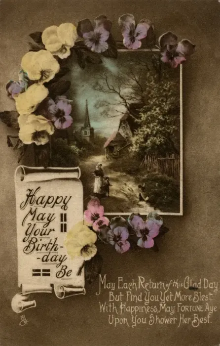 Framed Print : Happy May Your Birthday Be, country scene and flowers Framed Print : Happy May Your Birthday Be, country scene and flowers