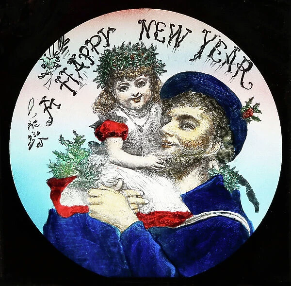 A Happy New Year magic lantern slide, Victorian period