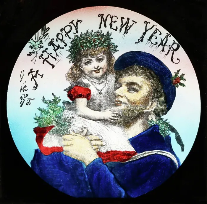Framed Print : A Happy New Year magic lantern slide, Victorian period Framed Print : A Happy New Year magic lantern slide, Victorian period
