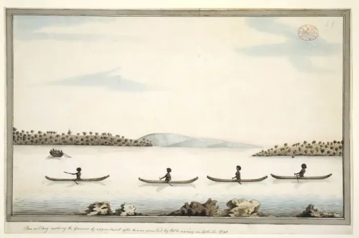 Framed Print : Harbour landscape with an encounter between Aborigines and B Framed Print : Harbour landscape with an encounter between Aborigines and B