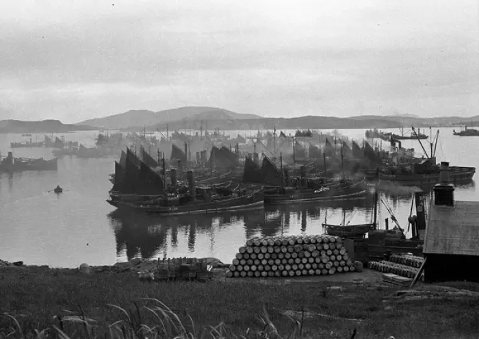 Framed Print : Harbour scene with boats and barrels, Scotland Framed Print : Harbour scene with boats and barrels, Scotland