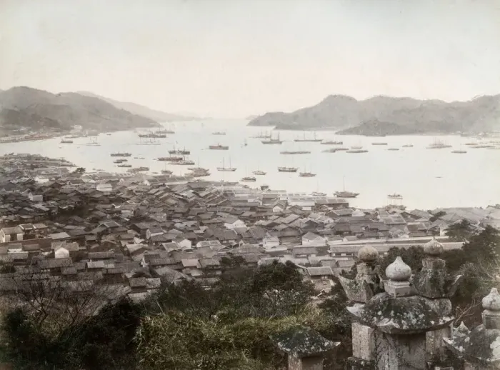 Framed Print : Harbour with ships in the bay, Nagasaki, Japan Framed Print : Harbour with ships in the bay, Nagasaki, Japan