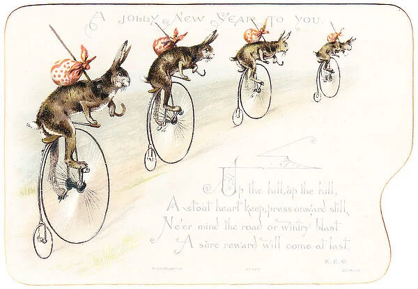Four hares on pennyfarthing bicycles on a New Year card