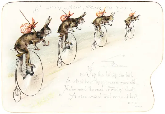 Framed Print : Four hares on pennyfarthing bicycles on a New Year card Framed Print : Four hares on pennyfarthing bicycles on a New Year card
