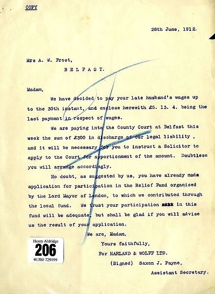 Harland & Wolff letter to Mrs A W Frost