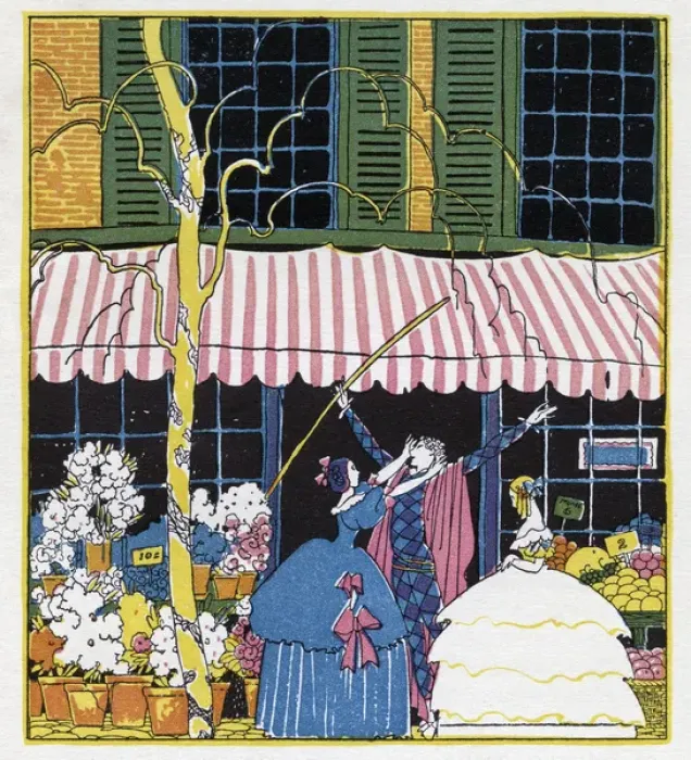 Framed Print : Harlequin and Columbine outside a shop Framed Print : Harlequin and Columbine outside a shop