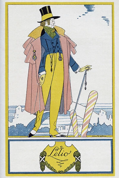 Lelio. Harlequin illustration, showing Lelio in top hat, cloak, trousers and jacket