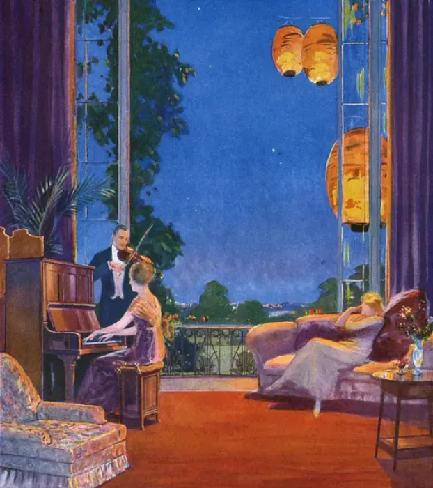 Framed Print : Harmony'. A relaxing scene, a woman reclines on a couch whilst another plays the piano Framed Print : Harmony'. A relaxing scene, a woman reclines on a couch whilst another plays the piano