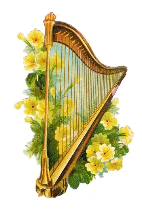 Framed Print : Harp with yellow flowers on a Victorian scrap Framed Print : Harp with yellow flowers on a Victorian scrap