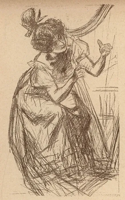 Framed Print : Harpist. A portrait sketch of a young lady playing the harp. Date: circa 1901 Framed Print : Harpist. A portrait sketch of a young lady playing the harp. Date: circa 1901