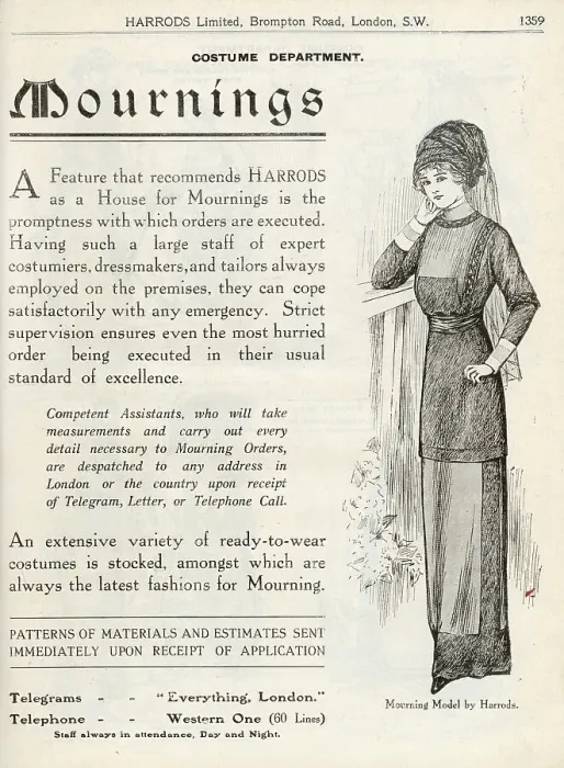 Framed Print : Harrods mail order service for mourning costumes. Date: 1909