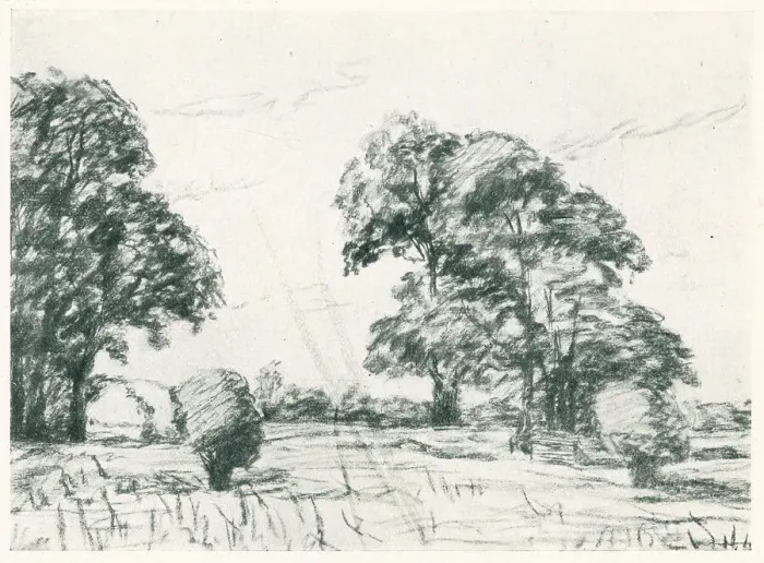 Framed Print : Harvest. A landscape drawing of a field and trees under a plain sky during harvest Framed Print : Harvest. A landscape drawing of a field and trees under a plain sky during harvest