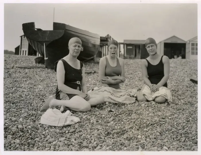 Framed Print : Hastings, East Sussex - 3 brave lady swimmers on a cold day Framed Print : Hastings, East Sussex - 3 brave lady swimmers on a cold day